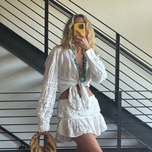 LoveShackFancy White Lace Tie-Front Top and Skirt